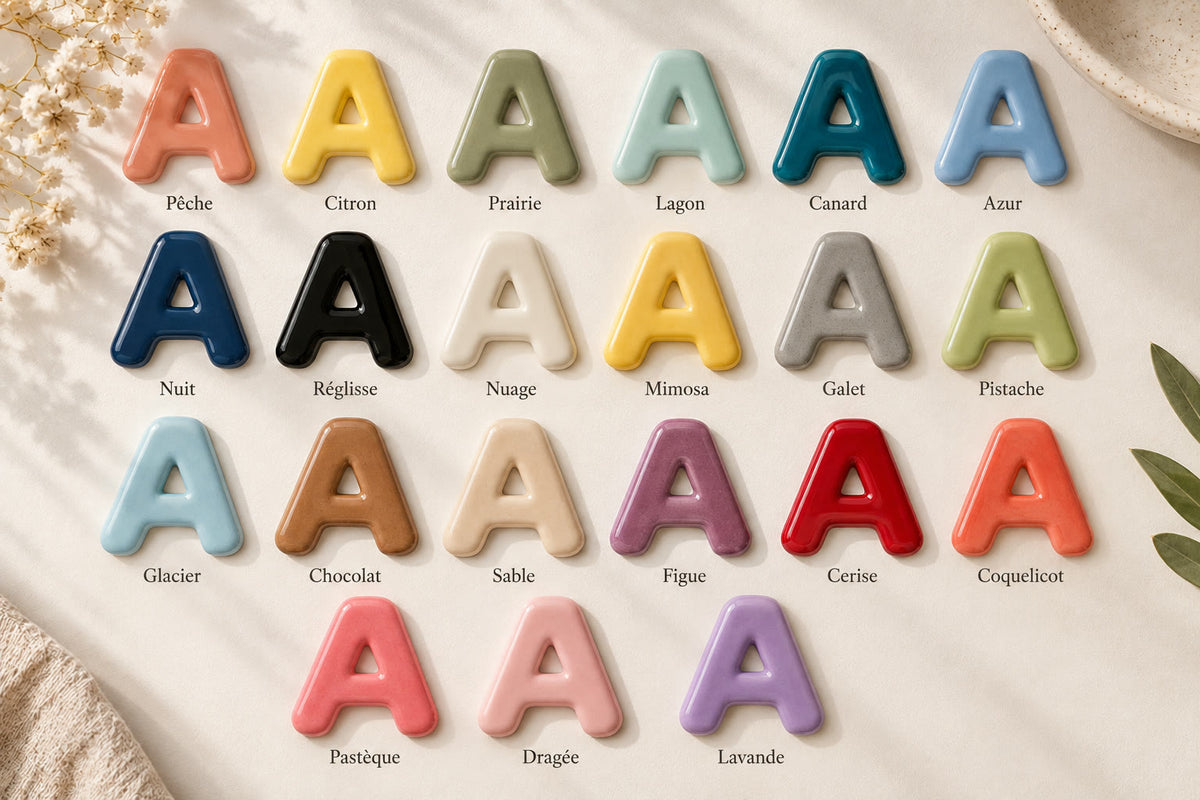 Les 21 couleurs d'émail des lettres en céramique Studio Séleste