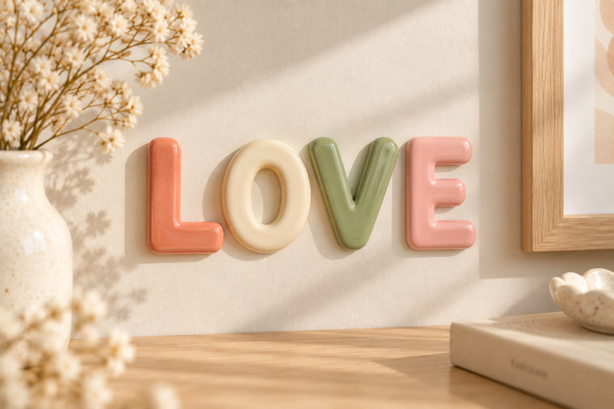 Mot LOVE en lettres de céramique émaillée accroché au mur