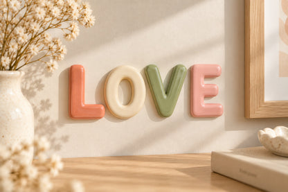 Mot LOVE en lettres de céramique émaillée accroché au mur