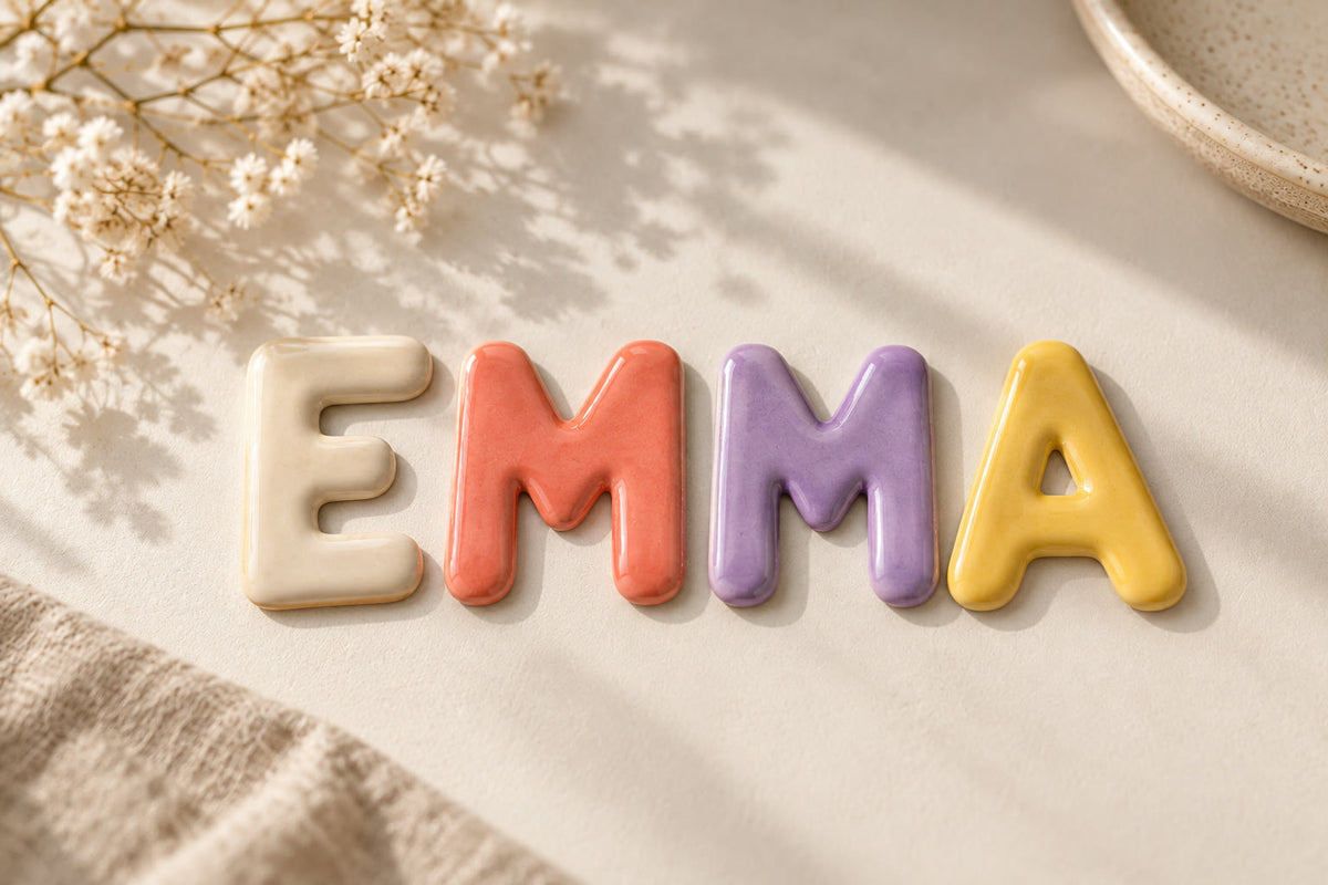 Prénom EMMA en lettres de céramique faites main, une couleur par lettre